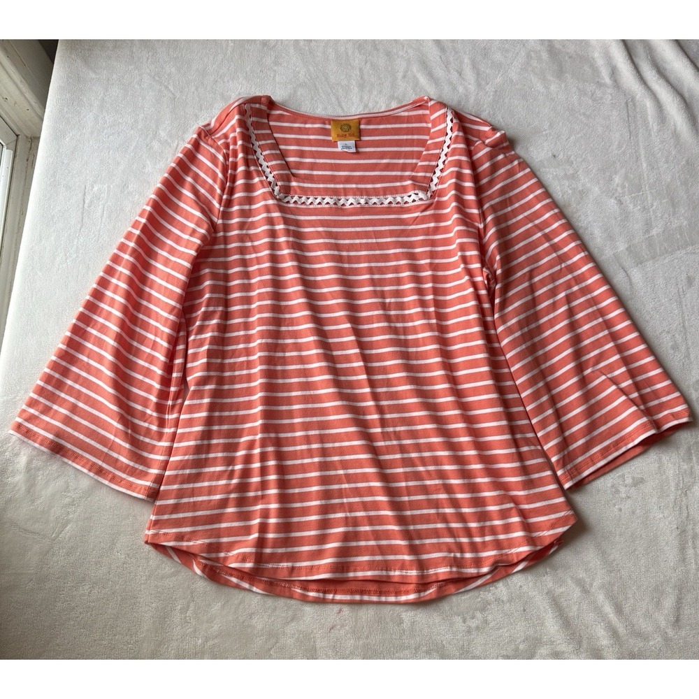 WOMENS CORAL WHITE STRIPED BLOUSE RUBY RD Size L